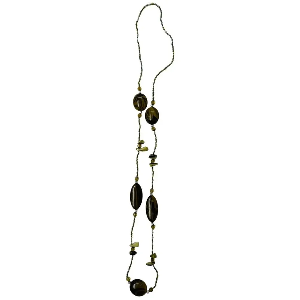 Vintage 70s Avocado Bead Necklace Oval Resin Statement Long Strand